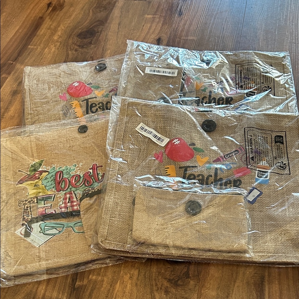 NWT Teacher Themed Burlap Bags Set of 4- Tote and wallet